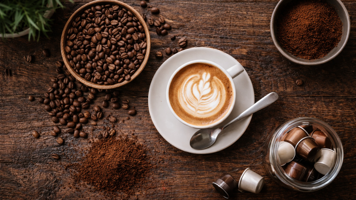 Café con leche, bol con granos de café, azúcar, café molido