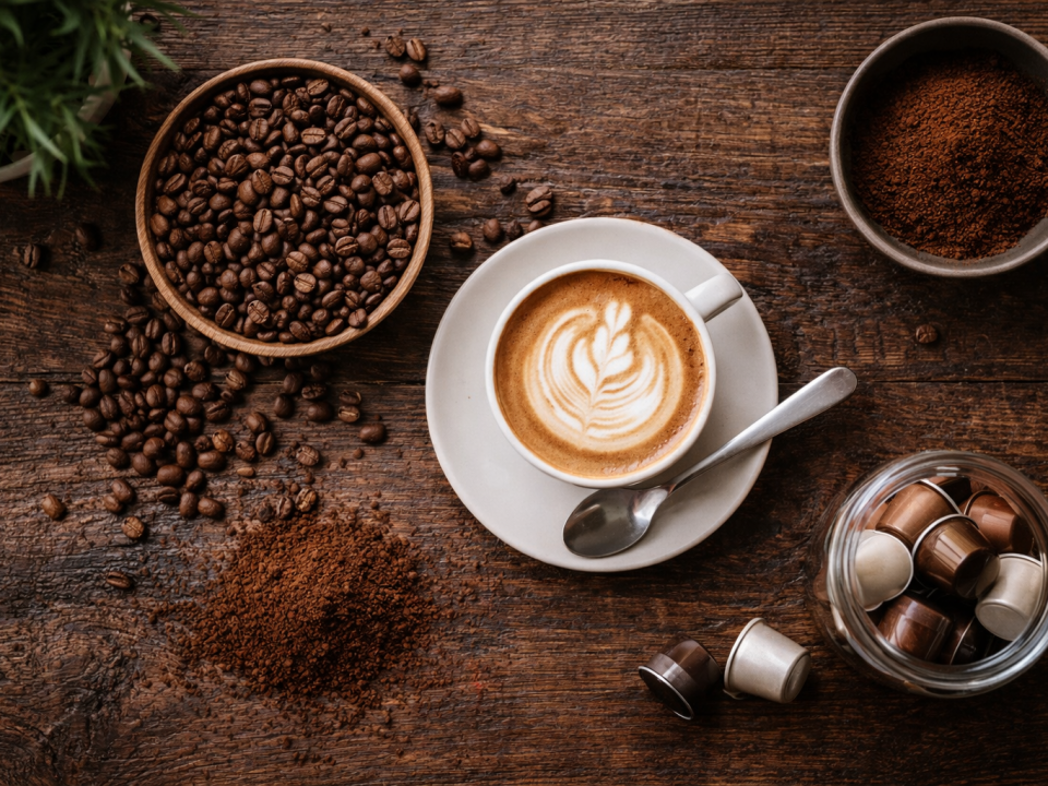 Café con leche, bol con granos de café, azúcar, café molido