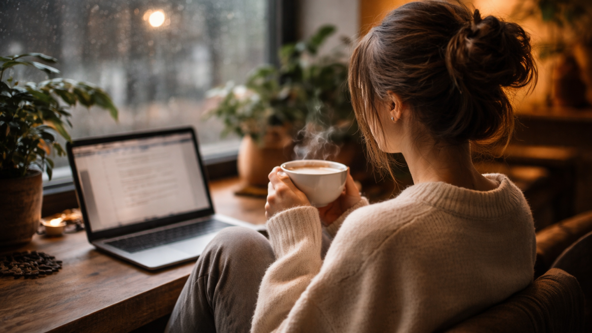 Chica tomando café en su hogar con el portátil en frente trabajando.