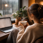 Chica tomando café en su hogar con el portátil en frente trabajando.