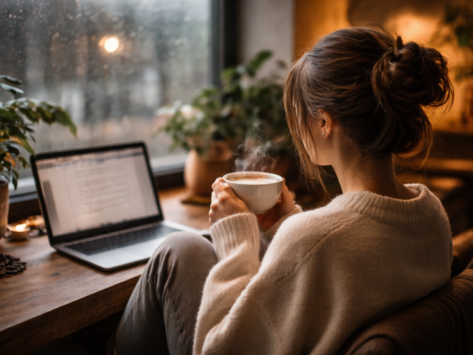 Chica tomando café en su hogar con el portátil en frente trabajando.